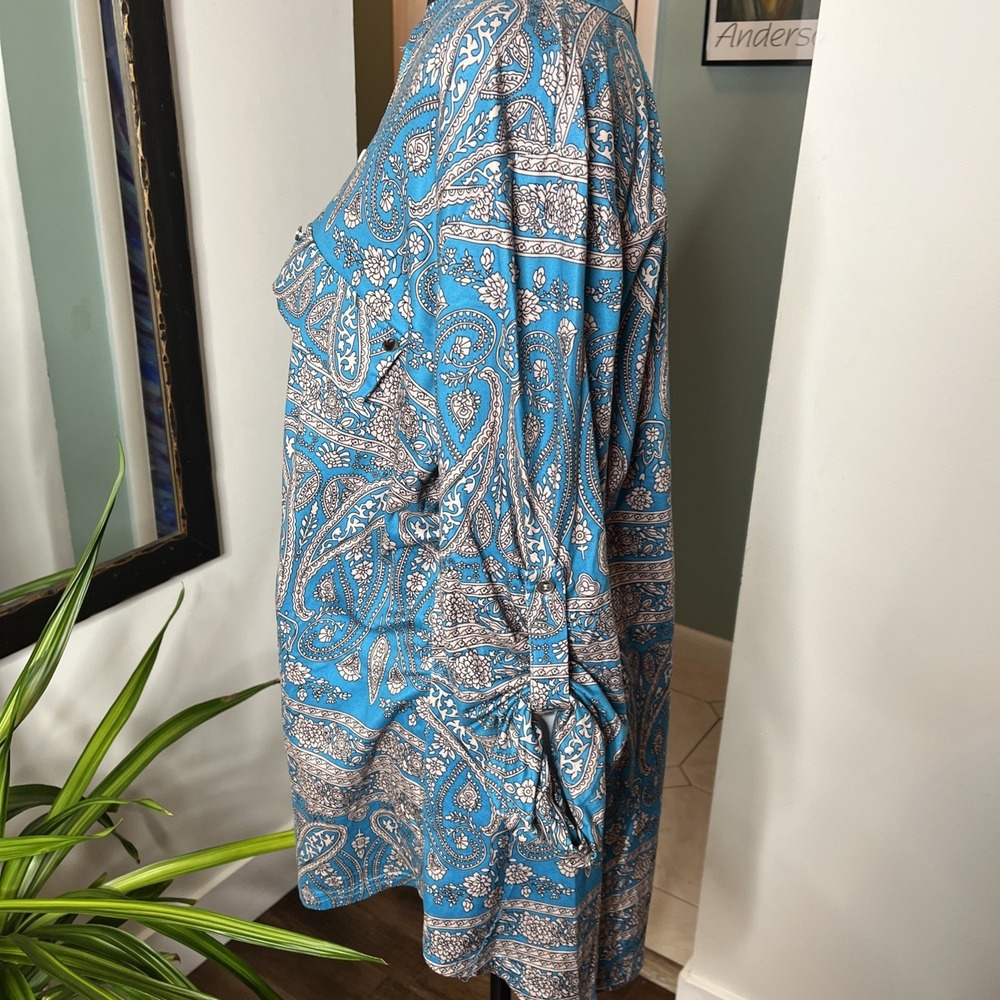 Luckymore Womens Zip Neck Long Sleeve Flowy Tunic Top Size XXL-Turquoise Paisley - Picture 7 of 11